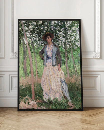An impressionist painting of a woman standing in a sun-dappled forest. She wears a long, pale dress, a blue-grey jacket, and a brown hat, looking down thoughtfully while holding a parasol. Wall Art