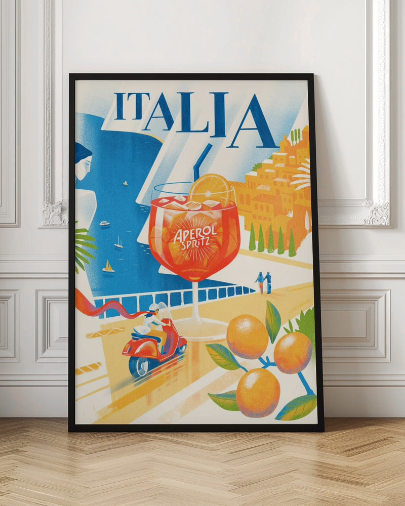 A vintage-style travel poster for Italia, featuring a large glass of Aperol Spritz overlooking a sunny coastal scene. A woman gazes at the blue sea with sailboats, a hillside town glows in the sun, and a person rides a red scooter along a seaside road, with ripe oranges in the foreground. Artwork