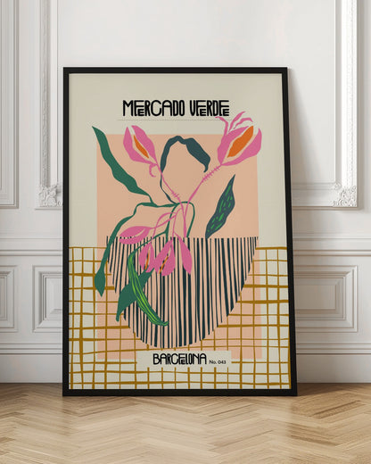 A modern graphic art print of stylized pink flowers with green leaves in a black and white striped vase. The background is color-blocked with cream, peach, and a mustard yellow grid pattern. Text at the top reads 'MERCADO VERDE' and at the bottom 'BARCELONA No. 043'. Artwork