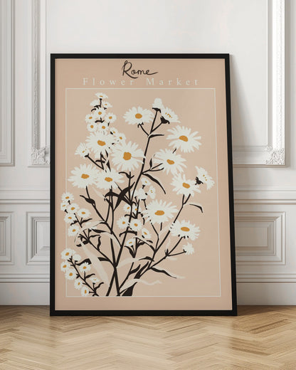 A vintage-style art print titled 'Rome Flower Market' featuring a minimalist illustration of white daisies with yellow centers and black stems against a muted pink background. The artwork is enclosed in a thin white border and set within a black frame. Wall Art