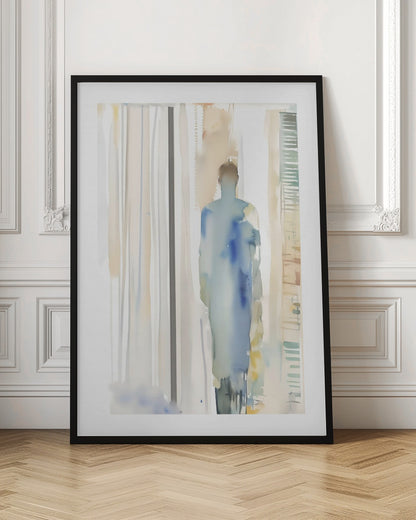An abstract watercolor painting in a black frame, featuring a lone, blurred figure in shades of blue standing in a brightly lit room suggested by vertical strokes of beige, white, and grey. Poster