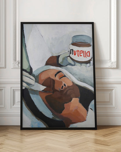 A modern pop art painting depicting a person with closed eyes lying down, wrapped in white and grey cloth. A hand holds a jar of Nutella above the person's head, in a style reminiscent of classical religious art. Wall Art
