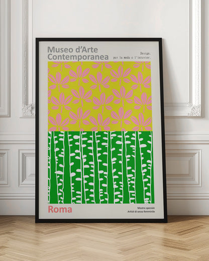 A vintage-style exhibition poster for the 'Museo d'Arte Contemporanea' in Rome. The design is split into two colorful graphic panels: the top features pink leaves on a lime green background, and the bottom shows stylized white birch trunks against a vibrant green background. The poster is set within a light border with Italian text. Artwork