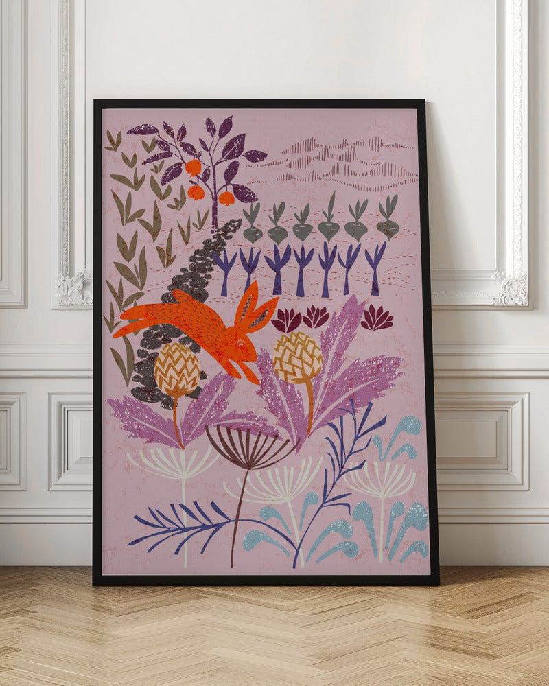 A stylized, folk-art illustration of a bright orange rabbit leaping through a whimsical garden. The scene features large purple and blue flowers in the foreground, with rows of root vegetables and a fruit tree in the background, all on a textured mauve canvas. Print