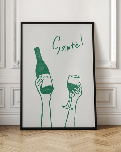 A minimalist green line drawing on a white background featuring two hands. One hand holds a bottle of wine, and the other holds a glass of wine, as if in a toast. The French word 'Santé!' is written in cursive above the hands. Decor