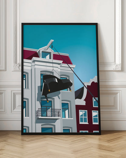 A graphic illustration of a black grand piano being hoisted up the side of a gray Amsterdam-style building with a red roof, using a pulley system attached to the gable. The scene is set against a clear, bright blue sky. Artwork