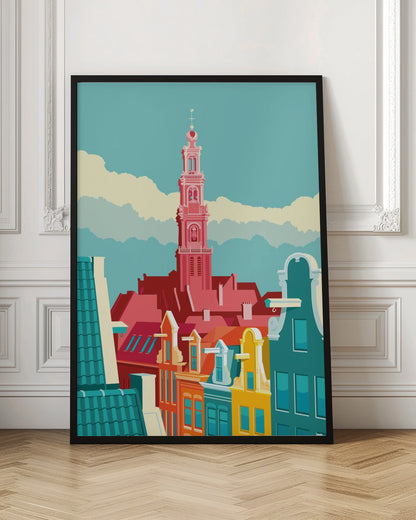 A graphic illustration of an Amsterdam city scene, featuring colorful canal houses in the foreground and the prominent pink tower of the Westerkerk church against a light blue sky with stylized clouds. Decor