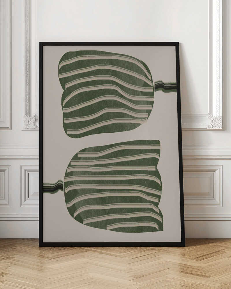 A framed abstract artwork featuring two large, organic, blob-like shapes stacked vertically. The shapes are dark green with wavy, horizontal cream-colored stripes. They are set against a solid cream background, with thin, distorted lines extending from the sides of each shape. Decor