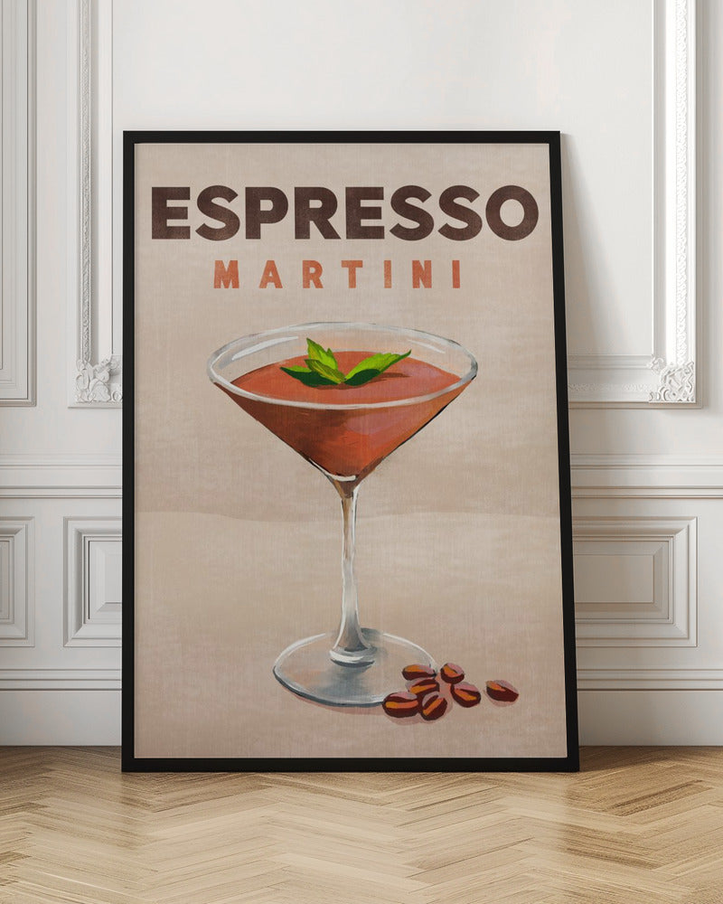 A vintage-style poster of an Espresso Martini. The illustration shows a reddish-brown cocktail in a martini glass, garnished with mint leaves, with coffee beans at the base. The text 'ESPRESSO MARTINI' is at the top against a tan background, all within a black frame. Wall Art