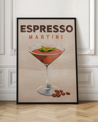 A vintage-style poster of an Espresso Martini. The illustration shows a reddish-brown cocktail in a martini glass, garnished with mint leaves, with coffee beans at the base. The text 'ESPRESSO MARTINI' is at the top against a tan background, all within a black frame. Wall Art