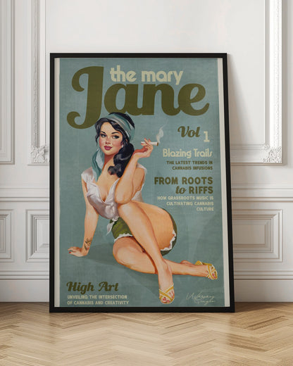 A retro-style poster designed as a magazine cover for 'the mary Jane, Vol 1'. It features a pin-up illustration of a woman with dark hair and a blue headscarf, smiling as she holds a lit cigarette. The cover includes article titles related to cannabis culture. Decor
