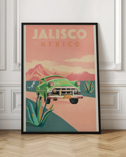 A vintage-style travel poster for Jalisco, Mexico. It features a classic green car driving on a winding road through a desert landscape with agave plants. In the background are pink mountains under a hazy pink sky. A hand waves a white bra out of the driver's side window, and the car's license plate reads 'TEQUILA'. Print