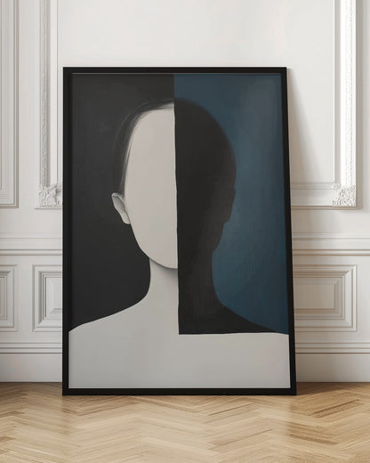 A modern art painting of a faceless person from the chest up, split vertically down the center. The left side features the figure in off-white against a solid black background, while the right side shows the figure as a black silhouette against a dark teal background, creating a strong contrast of light and shadow. Wall Art