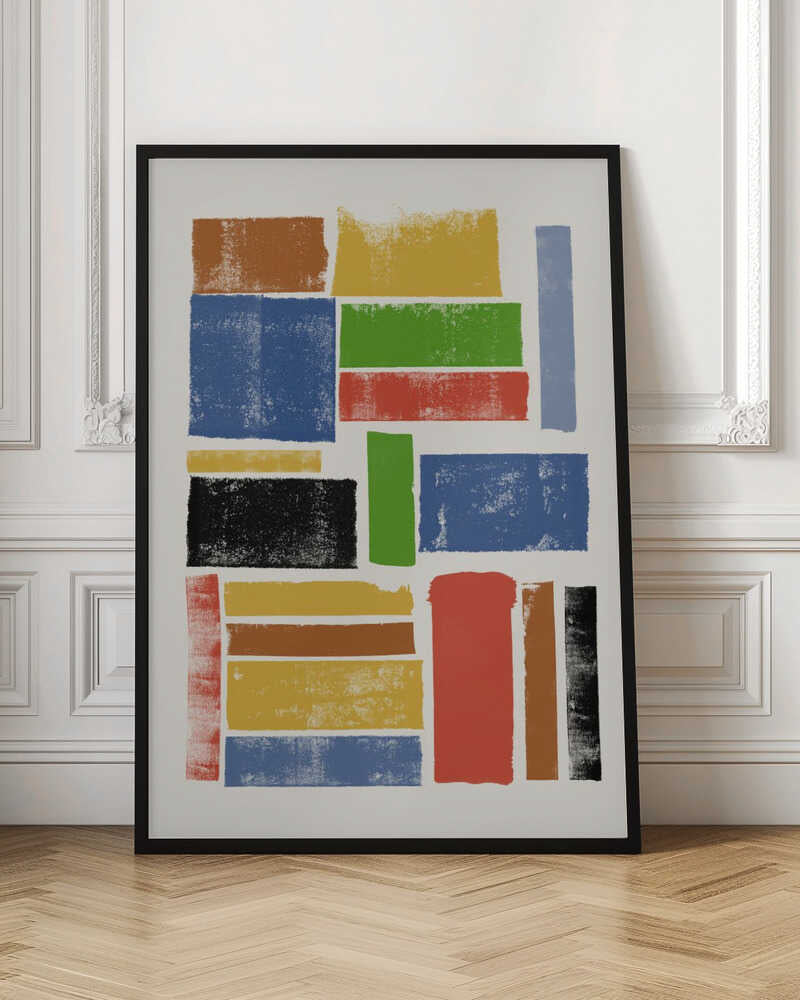 An abstract art piece featuring a collection of textured, rectangular blocks of various colors and sizes on an off-white background, all within a black frame. The colors include primary shades of blue, yellow, and red, along with green, black, and brown, arranged in a non-uniform grid. Wall Art