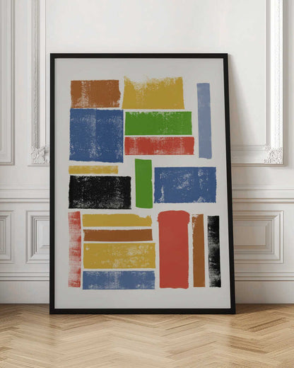 An abstract art piece featuring a collection of textured, rectangular blocks of various colors and sizes on an off-white background, all within a black frame. The colors include primary shades of blue, yellow, and red, along with green, black, and brown, arranged in a non-uniform grid. Wall Art