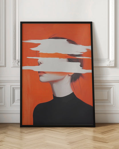 Abstract portrait of a woman in a black turtleneck against a vibrant orange background. Her face is obscured by thick, horizontal white brushstrokes, revealing only parts of her nose and lips. Artwork