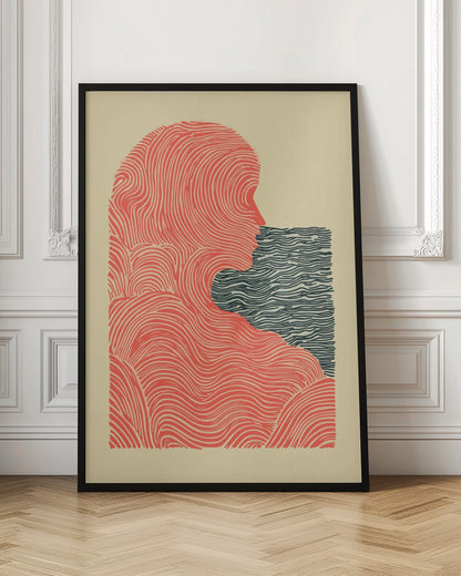 A framed abstract illustration in a woodblock print style. It depicts the silhouette of a person in profile, rendered in flowing red-orange lines, looking towards a rectangular block of dark blue wavy lines that suggest water. The background is a solid cream color. Poster