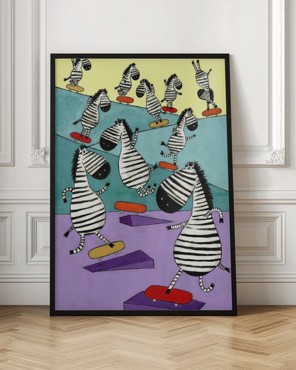 A whimsical painting of a crowd of cartoon zebras joyfully skateboarding in a colorful skatepark. The background is sectioned into pastel yellow, teal, and lavender, with purple ramps scattered about. The zebras have stylized, elongated bodies and are shown in various dynamic poses on red and yellow skateboards. Poster