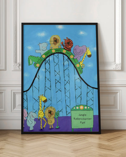 A whimsical children's illustration of various jungle animals, including a giraffe, elephant, tiger, lion, hippo, and crocodile, riding a black rollercoaster against a blue sky. Each animal is in a numbered green car. Below, a hippo, giraffe, and lion are queuing next to a green sign that reads 'Jungle Rollercoaster Fun!'. Poster