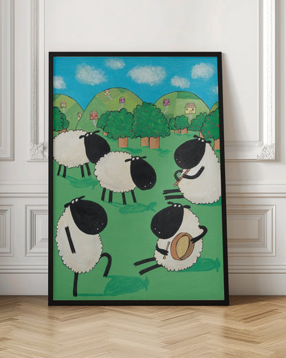 A whimsical, cartoon-style painting of five black and white sheep in a lush green meadow. Two sheep are seated, one playing a flute and the other a drum, while another dances. In the background are rolling green hills dotted with small houses, trees, and a bright blue sky with white clouds. Poster
