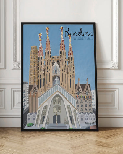 A stylized illustration of the Sagrada Familia in Barcelona, presented as a travel poster. The iconic church with its detailed spires stands against a solid blue sky, with the word 'Barcelona' written in a script font in the top right corner. Wall Art