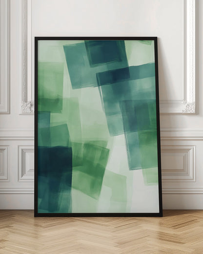An abstract painting in a black frame, featuring overlapping, semi-transparent squares in shades of green and dark teal against a light green background, creating a layered, watercolor-like effect. Artwork