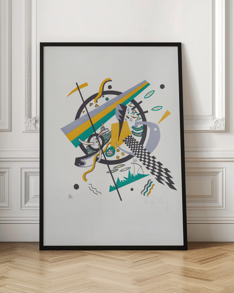 A framed abstract artwork by Wassily Kandinsky featuring a dynamic composition of geometric shapes. A central black circle is overlaid with diagonal stripes of yellow, green, and gray, surrounded by various elements like a checkerboard pattern, wavy lines, and small circles on a white background. Artwork