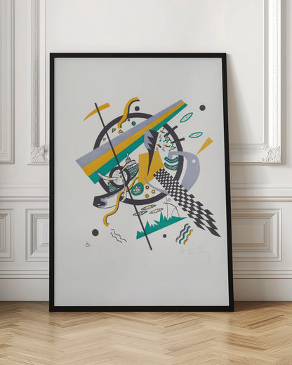 A framed abstract artwork by Wassily Kandinsky featuring a dynamic composition of geometric shapes. A central black circle is overlaid with diagonal stripes of yellow, green, and gray, surrounded by various elements like a checkerboard pattern, wavy lines, and small circles on a white background. Artwork