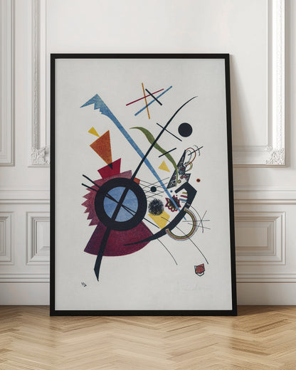 An abstract artwork by Wassily Kandinsky titled 'Small Worlds I', featuring a dynamic composition of colorful geometric shapes like circles, triangles, and lines in blue, red, yellow, and green against a white background, all framed in black. Wall Art