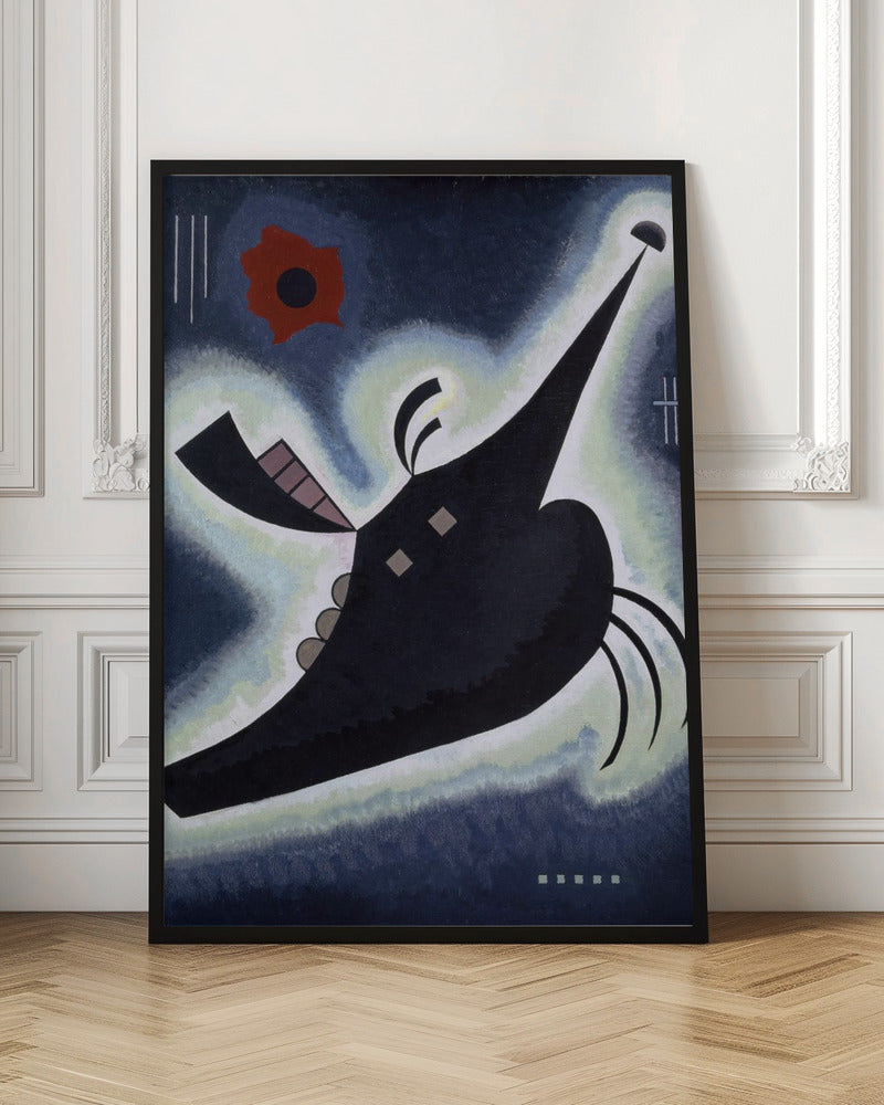 An abstract painting by Wassily Kandinsky featuring a large, black, creature-like shape floating against a deep blue background. The shape is outlined in a white and pale green glow and has a long, pointed proboscis. A vibrant red, flower-like form is visible in the upper left, along with various geometric lines and shapes, creating a dynamic and otherworldly composition. Artwork