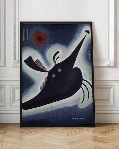 An abstract painting by Wassily Kandinsky featuring a large, black, creature-like shape floating against a deep blue background. The shape is outlined in a white and pale green glow and has a long, pointed proboscis. A vibrant red, flower-like form is visible in the upper left, along with various geometric lines and shapes, creating a dynamic and otherworldly composition. Artwork