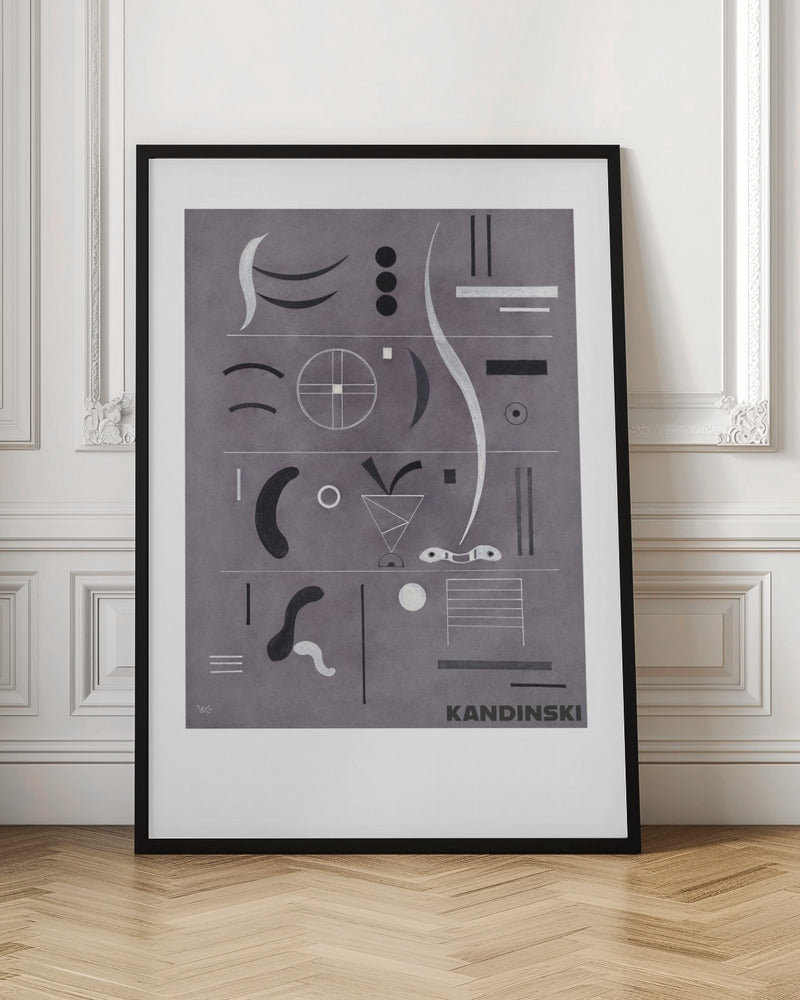 An abstract art print by Wassily Kandinsky, featuring a collection of geometric and organic shapes in black, white, and silver arranged in horizontal rows against a textured gray background, all within a black frame. Artwork