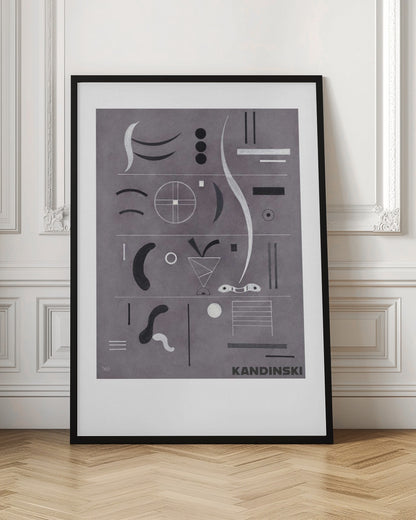 An abstract art print by Wassily Kandinsky, featuring a collection of geometric and organic shapes in black, white, and silver arranged in horizontal rows against a textured gray background, all within a black frame. Artwork