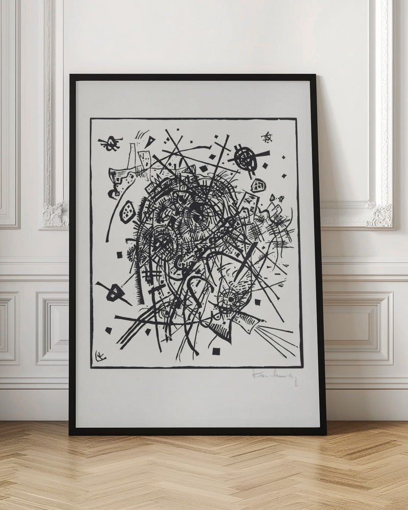 A framed black and white abstract artwork by Wassily Kandinsky. The piece is a chaotic and energetic composition of intersecting lines, geometric shapes, and scribbled textures, all densely packed into the center of the square frame. The artist's signature is visible in the lower right corner. Poster