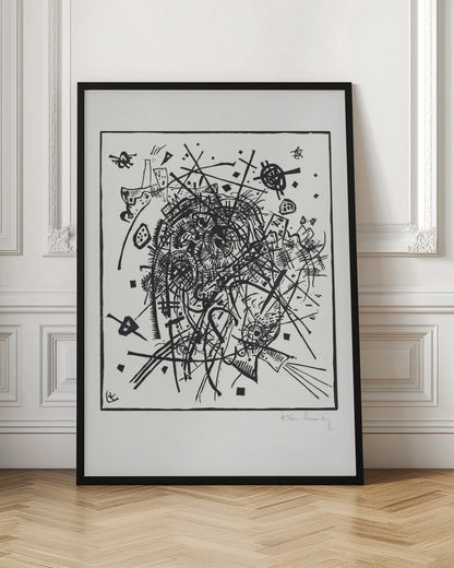 A framed black and white abstract artwork by Wassily Kandinsky. The piece is a chaotic and energetic composition of intersecting lines, geometric shapes, and scribbled textures, all densely packed into the center of the square frame. The artist's signature is visible in the lower right corner. Poster