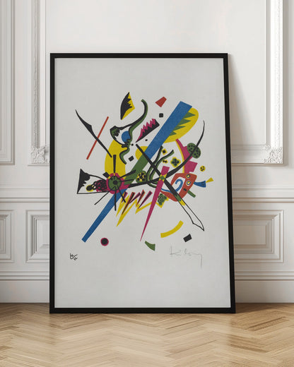 An abstract lithograph by Wassily Kandinsky featuring a dynamic composition of colorful geometric and biomorphic shapes on a white background. Bold lines in blue, magenta, and black intersect with areas of bright yellow, green, and red, creating a sense of vibrant energy. Poster