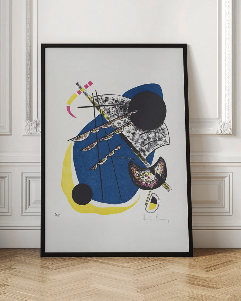 An abstract lithograph by Wassily Kandinsky in a black frame. The composition on a white background features a large central blue shape, a prominent black circle, and intersecting black lines. Accents of yellow, magenta, and speckled textures add complexity to the dynamic arrangement of geometric and organic forms. Decor