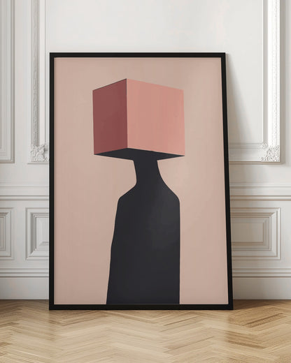 A minimalist abstract illustration of a figure with a pink cube for a head against a pale pink background. The figure is a solid black silhouette, and the cube has one side shaded in a darker, dusty rose, creating a sense of three-dimensionality. Poster
