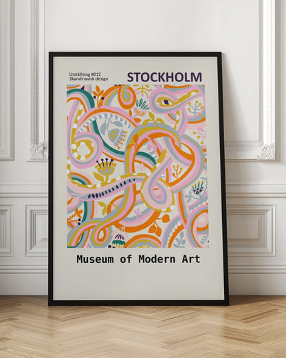 A Scandinavian design poster for the Stockholm Museum of Modern Art. The artwork features a vibrant and complex abstract pattern with intertwining ribbons and stylized floral elements in shades of pink, orange, yellow, teal, and light blue on a cream background. The poster is framed in black. Artwork
