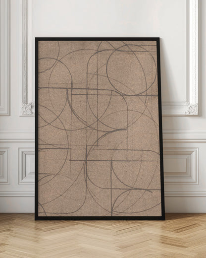 An abstract artwork in a black frame featuring a complex pattern of hand-drawn circles and intersecting straight lines in dark grey on a textured, light brown background. Print