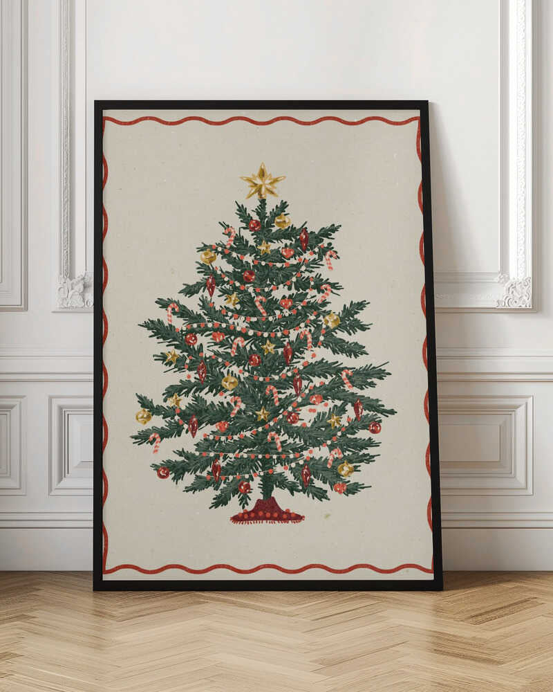 A vintage-style illustration of a decorated Christmas tree on a cream background, framed by a wavy red border and a black outer frame. The green tree is adorned with red and gold baubles, candy canes, small gold stars, and strings of lights, with a larger gold star at the very top. Poster