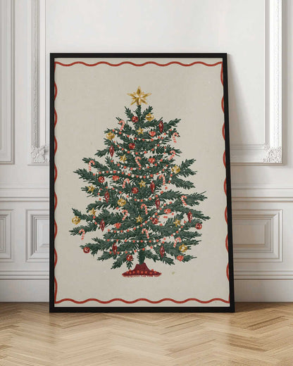A vintage-style illustration of a decorated Christmas tree on a cream background, framed by a wavy red border and a black outer frame. The green tree is adorned with red and gold baubles, candy canes, small gold stars, and strings of lights, with a larger gold star at the very top. Poster