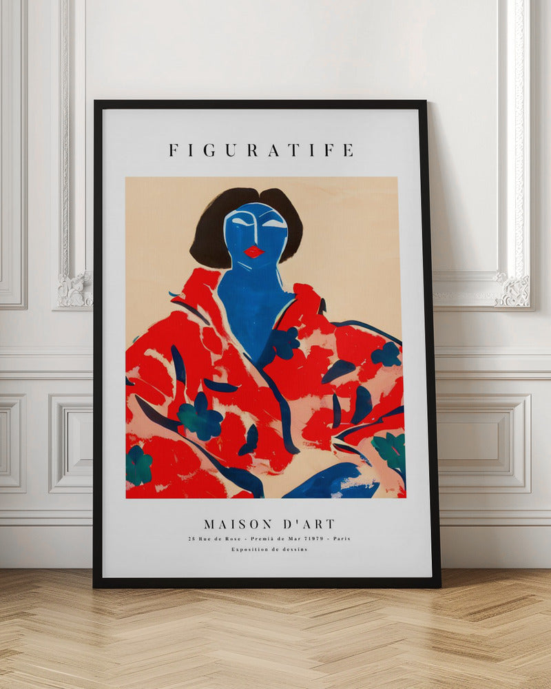 A vintage-style art exhibition poster with 'FIGURATIFE' at the top. The central artwork is an abstract portrait of a woman with a blue face and black hair, wearing a bold red floral patterned robe against a beige background. Below, text reads 'MAISON D'ART' and gives exhibition details. Artwork
