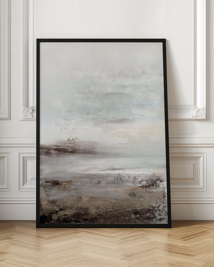 A vertical abstract painting in a thin black frame, featuring a muted and serene color palette. The composition resembles a misty landscape, with a light, off-white and pale blue-gray sky transitioning into a textured foreground of beige, brown, and taupe horizontal brushstrokes. Poster