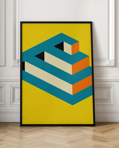 A graphic art poster of an impossible 3D object, shaped like a blocky letter E or a staircase, in teal, orange, and cream against a vibrant yellow background, creating an optical illusion. Print