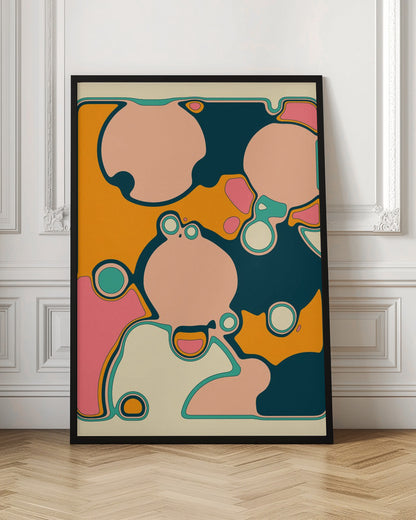 A retro-style abstract artwork featuring organic, rounded shapes in shades of pink, cream, orange, and teal. The shapes are outlined in contrasting colors and overlap against a textured orange background, creating a groovy, 70s-inspired psychedelic design framed in black. Decor