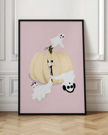 A whimsical Halloween illustration featuring a large, cracked, cream-colored pumpkin on a pale pink background, with four cute, cartoonish white ghosts playfully floating around it. One ghost wears a top hat, another a crown of hearts, a third wears headphones, and the last one has long eyelashes. Wall Art