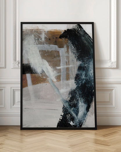 A vertical abstract painting in a black frame, featuring a bold, curved black brushstroke on the right against a layered background of white, grey, and warm brown tones. Expressive white and grey strokes cross the canvas, creating a sense of dynamic texture and depth. Print