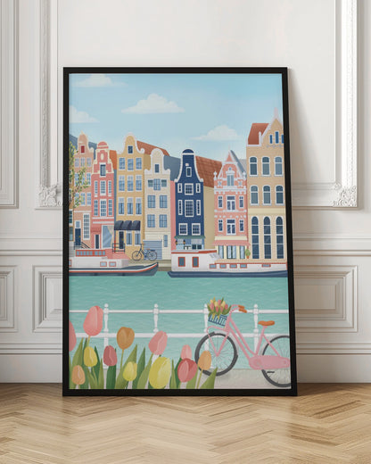 A vibrant illustration of a classic Amsterdam scene, featuring a row of colorful, traditional canal houses next to a turquoise waterway with boats. In the foreground, a pink bicycle with a basket of flowers stands near a bed of pink and yellow tulips. Print