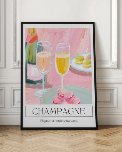 A painterly illustration of a champagne celebration with a pink background. The poster features a champagne bottle, two flutes of champagne, and plates of pink and green macarons. Below the image, the word 'CHAMPAGNE' is written in a classic font, with the French phrase 'Élégance et simplicité française' underneath. Decor